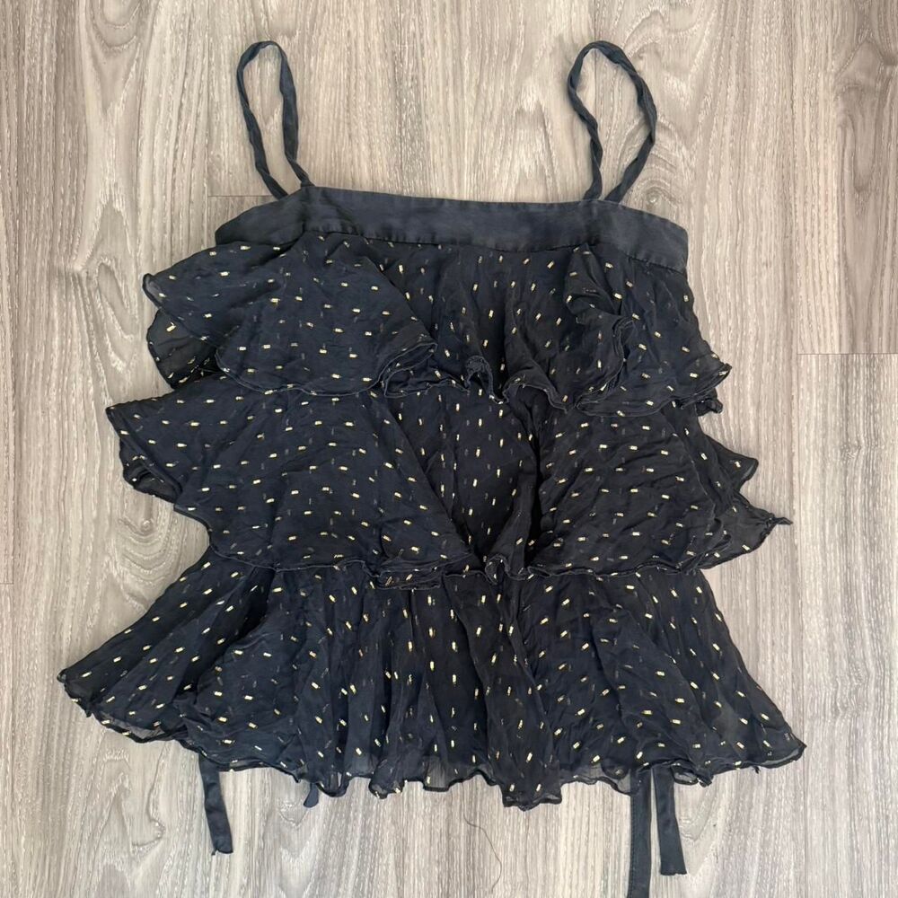 Milly NY Y2K Fairycore Ruffle Cami Top Black Gold Metallic Tiered Babydoll Size